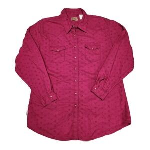 Wrangler Women's Large Western Snap Shirt Pink Eyelet Embroidered Floral Cotton